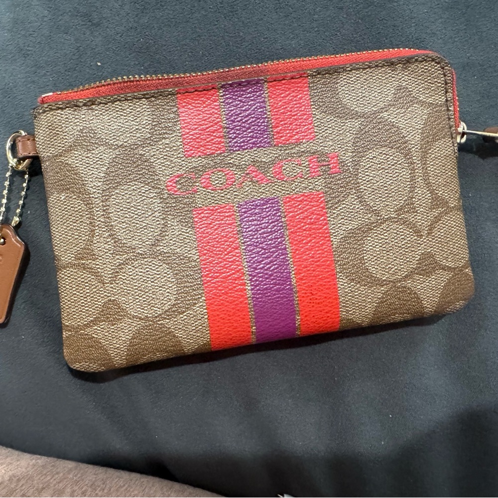 Coach Brown Wristlet with Red and Purple Stripes